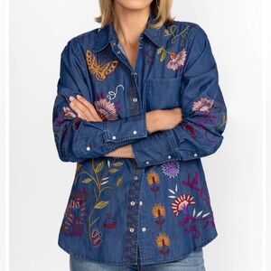 Johnny Was‎ NWT Boho Toni Relaxed Denim Front Pocket Floral Embroidered Top XS